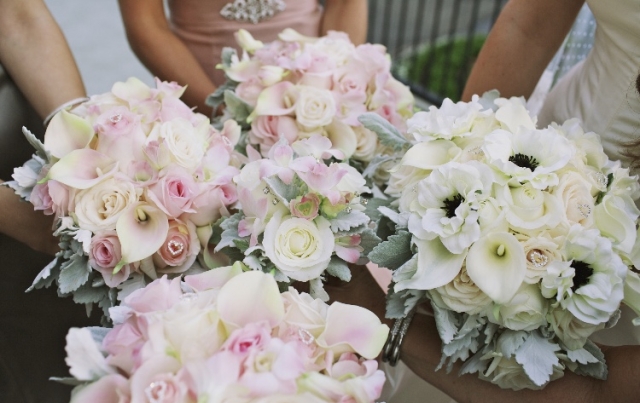 Pink, white and black bridal bouquets