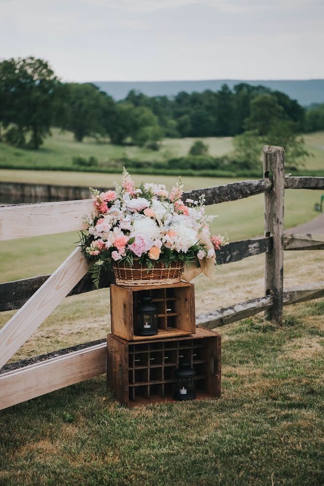 wedding decor, rustic wedding, basket of flowers