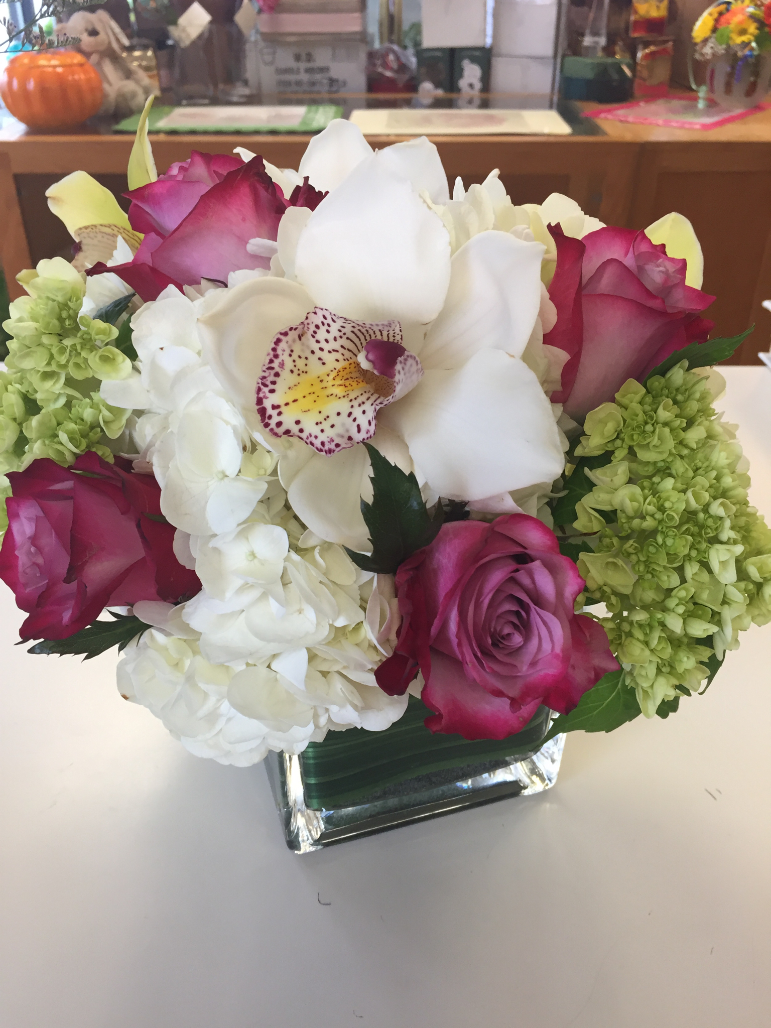 Birthday Arrangement - Orchids, Hydrangea, Roses