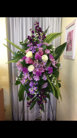 Standing Spray - Purple and White Roses, Stock, Carnations, Fern
